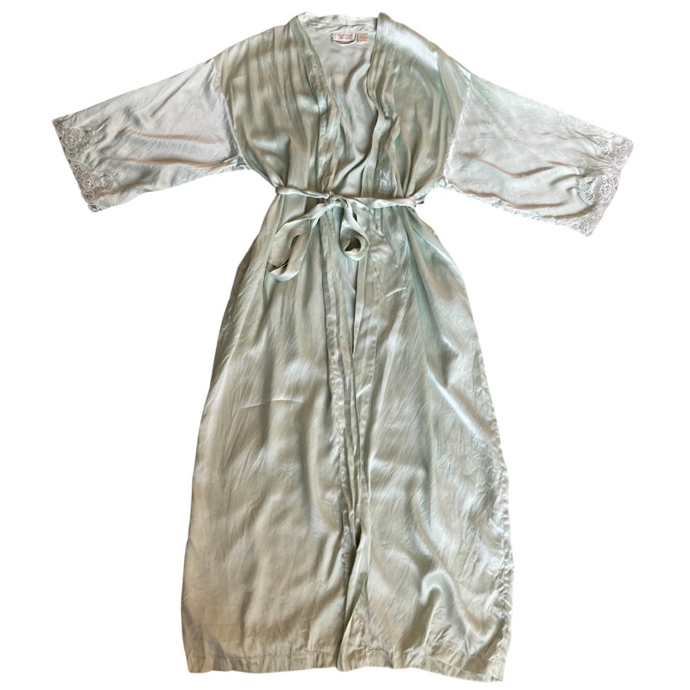 Vintage Victoria’s Secret Gold Label Light Mint Blue 100% Silk 3/4 Sleeve Robe